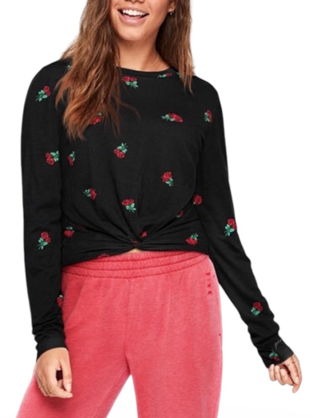 PINK Black Rose Floral Girlfriend Twist Front Long Sleeve